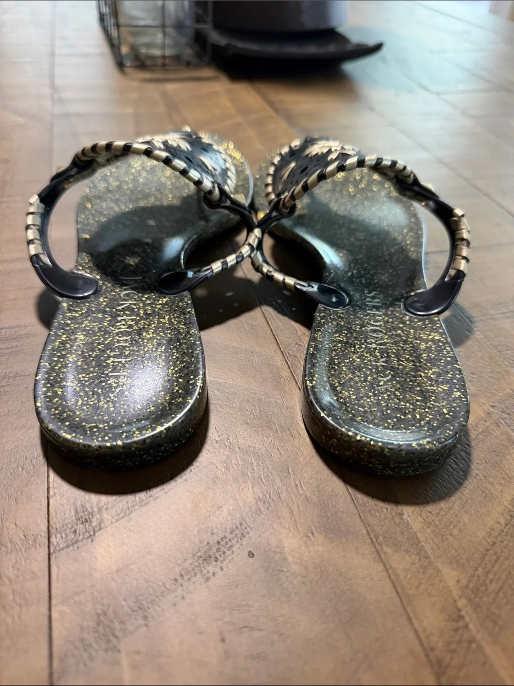 Jack Rogers Black Sandals with Gold Speckled Footbed